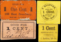 Lot of (4) New York Chits. Various Locations. ND 1 Cent. Very Fine.
An assemblage of merchant chits from New York City. These pieces were previously ...