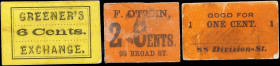 Lot of (3) New York Chits. Various Locations. ND 1, 2 & 6 Cents. Very Fine to Extremely Fine.
Three chits from New York attributable to as many busin...