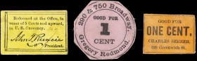 Lot of (3) New York Chits. Various Locations. ND 1 & 5 Cents. Extremely Fine to About Uncirculated.
A trio of miscellaneous merchant chits from New Y...