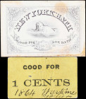 Lot of (2) New York Chits. Various Locations. 1862-64 1 Cent & 1 Bath. Very Fine to Choice Uncirculated.
Two merchant chits attributable to two diffe...