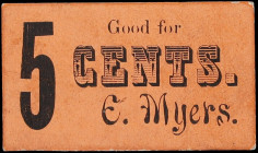 Chit. E. Myers. ND 5 Cents. Choice Uncirculated.
Rectangular, black text on orange background and hinged. Attributable to the firm of E. Myers and st...