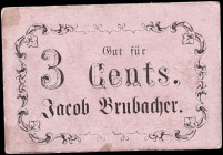 Chit. Jacob Brubacher. ND 3 Cents. Very Fine.
A fairly ornate merchant scrip attributable to Jacob Brubacher which has seen its share of circulation ...