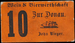 Chit. John Rieger. ND 10 Cents. Extremely Fine.
Rectangular with black text on an orange background. Small vignette of a sailing ship above the name ...