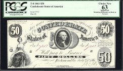 T-8. Confederate Currency. 1861 $50. PCGS Currency Choice New 63 Apparent. Mounting Remnants on Back in Corners.
No. 7213. Plate B. A lightly circula...