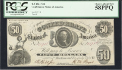 T-8. Confederate Currency. 1861 $50. PCGS Currency Choice About New 58 PPQ.
No. 25718. Plate C. A lightly handled example of this crude design that p...