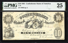 T-10. Confederate Currency. 1861 $10. PMG Very Fine 25.
No. 30026. Plate A. An early Confederate issue dating from the early months of the conflict. ...