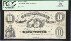 T-10. Confederate Currency. 1861 $10. PCGS Currency Very Fine 20 Apparent. Minor Restorations.
No. 13633. Plate C. A scarce and early Confederate iss...
