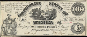 T-13. Confederate Currency. 1861 $100. Very Fine.
No. 22444. Plate A3. A crude product of Hoyer & Ludwig produced during the early months of the conf...