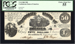 T-14. Confederate Currency. 1861 $50. PCGS Currency Choice About New 55.
No. 4330. Plate A8. An early albeit crude issue attributable to Hoyer & Ludw...