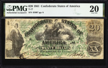T-17. Confederate Currency. 1861 $20. PMG Very Fine 20.
No. 43667. Plate A. A short-lived albeit complex design that owes that distinction to an elab...