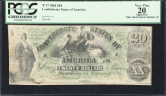 T-17. Confederate Currency. 1861 $20. PCGS Currency Very Fine 20 Apparent. Minor Ink Erosion at Bottom Left.
No. 1711. Plate A. A scarce and striking...