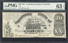 T-18. Confederate Currency. 1861 $20. PMG Choice Uncirculated 63 EPQ.
No. 50677. Plate A22. A rather early albeit quite Confederate issue from the ea...