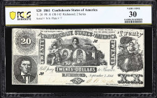 T-20. Confederate Currency. 1861 $20. PCGS Banknote Very Fine 30.
No. Faded. Plate 7. An evenly circulated example of this crude and early design pro...