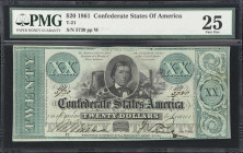T-21. Confederate Currency. 1861 $20. PMG Very Fine 25.
No. 5730. Plate W. A rare example of a well-made design produced by Keatinge & Ball. This not...