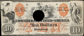 T-22. Confederate Currency. 1861 $10. Fine to Very Fine.
No. 12916. Plate B. A cancelled albeit attractive example of the work of the Southern Bank N...