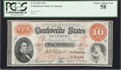 T-24. Confederate Currency. 1861 $10. PCGS Currency Choice About New 58.
No. 14080. Plate H. A rare note especially at this grade level. The level of...