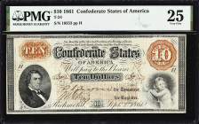 T-24. Confederate Currency. 1861 $10. PMG Very Fine 25.
No. 10353. Plate H. An evenly circulated and colorful example of this scarce design seen abse...
