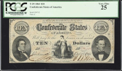 T-25. Confederate Currency. 1861 $10. PCGS Currency Very Fine 25.
No. 34712. Plate Z. A scarce design when held against many other examples of the $1...
