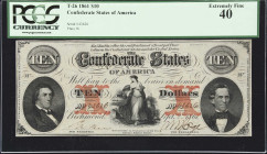 T-26. Confederate Currency. 1861 $10. PCGS Currency Extremely Fine 40.
No. 43626. Plate W. A scarce design from the early years of the conflict. A po...