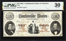 T-26. Confederate Currency. 1861 $10. PMG Very Fine 30.
No. 69177. Plate W. An evenly circulated example of this scarce design that offers a good deg...