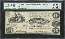 T-28. Confederate Currency. 1861 $10. PMG About Uncirculated 55 EPQ.
No. Plate 2254. Plate A. Printed in late 1861; this note represents an uncommonl...