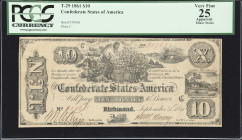 T-29. Confederate Currency. 1861 $10. PCGS Currency Very Fine 25 Apparent. Minor Stains.
No. 30963. Plate C. A rare design issued towards the beginni...