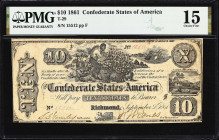 T-29. Confederate Currency. 1861 $10. PMG Choice Fine 15.
No. 15512. Plate F. A better type seen sparingly compared to a number of later iterations f...