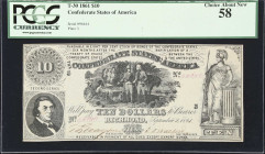 T-30. Confederate Currency. 1861 $10. PCGS Currency Choice About New 58.
No. 94644. Plate 3. A better design type and one seldom encountered compared...