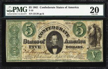 T-33. Confederate Currency. 1861 $5. PMG Very Fine 20.
No. 22128. Plate K. A well-made note printed by Leggett, Keatinge & Ball of Richmond. Very col...