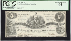 T-36. Confederate Currency. 1861 $5. PCGS Currency Very Choice New 64.
No. 127030. Plate A11. Printed in early 1862; this design replaced the T-35 an...