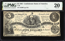 Lot of (2) T-36 & T-46. Confederate Currency. 1861-62 $5 & $10. PMG Very Fine 20 to 25.
A pair evenly circulated notes that represent two different d...