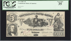 T-37. Confederate Currency. 1861 $5. PCGS Currency Very Fine 35.
No. 64765. Plate B. Sailor seated at center against an assortment of dry goods. Port...