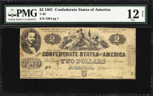 T-38. Confederate Currency. 1861 $2. PMG Fine 12 Net. Repaired, Annotations.
No. 4504. Plate 1. An extensively circulated albeit eye appealing exampl...
