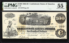 T-40. Confederate Currency. 1862 $100. PMG About Uncirculated 55.
No. 58776. Plate AE. A lightly handled example of this popular denomination. A quar...