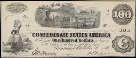T-40. Confederate Currency. 1862 $100. About Uncirculated.
No. 54359. Plate Ag. A lightly circulated example of this popular denomination. Very rare ...