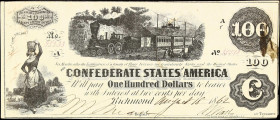 T-40. Confederate Currency. 1862 $100. Very Fine. Trans-Mississippi Issue.
No. 35333. Plate Af. An evenly circulated example of this popular design t...