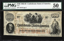 T-41. Confederate Currency. 1863 $100. PMG About Uncirculated 50. Penned Military Endorsement.
No. 161415. Plate Z. A lightly circulated example of t...