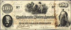 T-41. Confederate Currency. 1862 $100. About Uncirculated. Trans-Mississippi Issue.
No. 35648. Plate Z. Evenly circulated with some very minor stains...