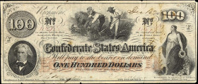 T-41. Confederate Currency. 1862 $100. Very Fine. Trans-Mississippi Issue.
No. 114788. Plate Y. An evenly circulated example of this popular denomina...