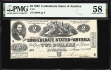 T-42. Confederate Currency. 1862 $2. PMG Choice About Uncirculated 58.
No. 30046. Plate 8. Printed on low-quality paper; the T-42 jointly holds the t...