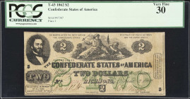 T-43. Confederate Currency. 1862 $2. PCGS Currency Very Fine 30.
No. 47367. Plate 3. Portrait of Confederate Secretary of State Benjamin P. Judah at ...