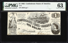 T-44. Confederate Currency. 1862 $1. PMG Choice Uncirculated 63.
No. 25654. Plate 7. A very attractive example of this short-lived design. Some minor...