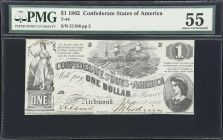 T-44. Confederate Currency. 1862 $1. PMG About Uncirculated 55.
No. 51186. Plate 2. A lightly handled and attractive example of this short-lived desi...