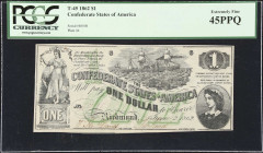 T-45. Confederate Currency. 1862 $1. PCGS Currency Extremely Fine 45 PPQ.
No. 48008. Plate 6. A scarce design and one seldom represented in higher gr...