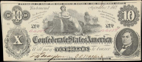 T-46. Confederate Currency. 1862 $10. Very Fine.
No. 44088. Plate O. A product of Hoyer & Ludwig and one that features the wrong date which went unco...
