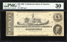 T-51. Confederate Currency. 1862 $20. PMG Very Fine 30.
No. 16687. Plate C. A mid-grade example of a better issue that uses the same basic design as ...