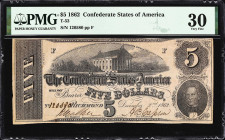 Lot of (2) T-53 & T-55. Confederate Currency. 1862 $1 & $5. PMG Very Fine 30 to Choice Extremely Fine 45 Net. Ink Burn.
Two circulated Confederate no...