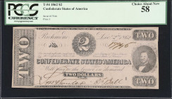 T-54. Confederate Currency. 1862 $2. PCGS Currency Choice About New 58.
No. 17946. Plate I. A lightly handled example of this design type and denomin...