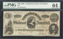 T-56. Confederate Currency. 1863 $100. PMG Choice Uncirculated 64.
No. 31675. Plate B. A better example of this short-lived type which features a pri...