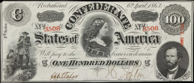 T-56. Confederate Currency. 1863 $100. Choice Uncirculated.
No. 8508. Plate C. A better iteration of this popular denomination. Some minor ink burn c...